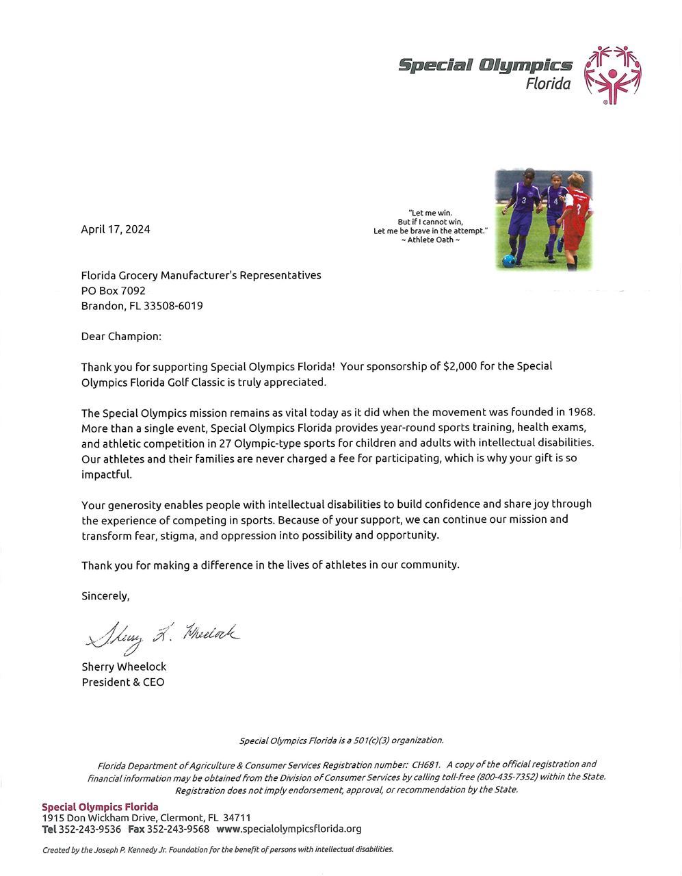 Special Olympics Thank You April 2024